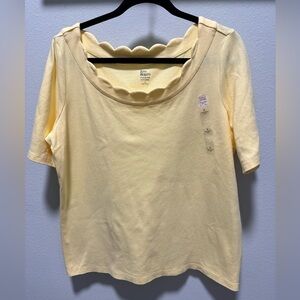 Kim Rogers Perfectly Soft Tee Scallop neckline, Elbow Sleeve, Yellow, Size Large